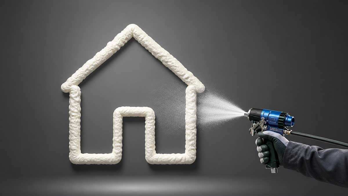 Spray foam insulation gun spraying foam onto a rope shaped outline of a house against a dark background