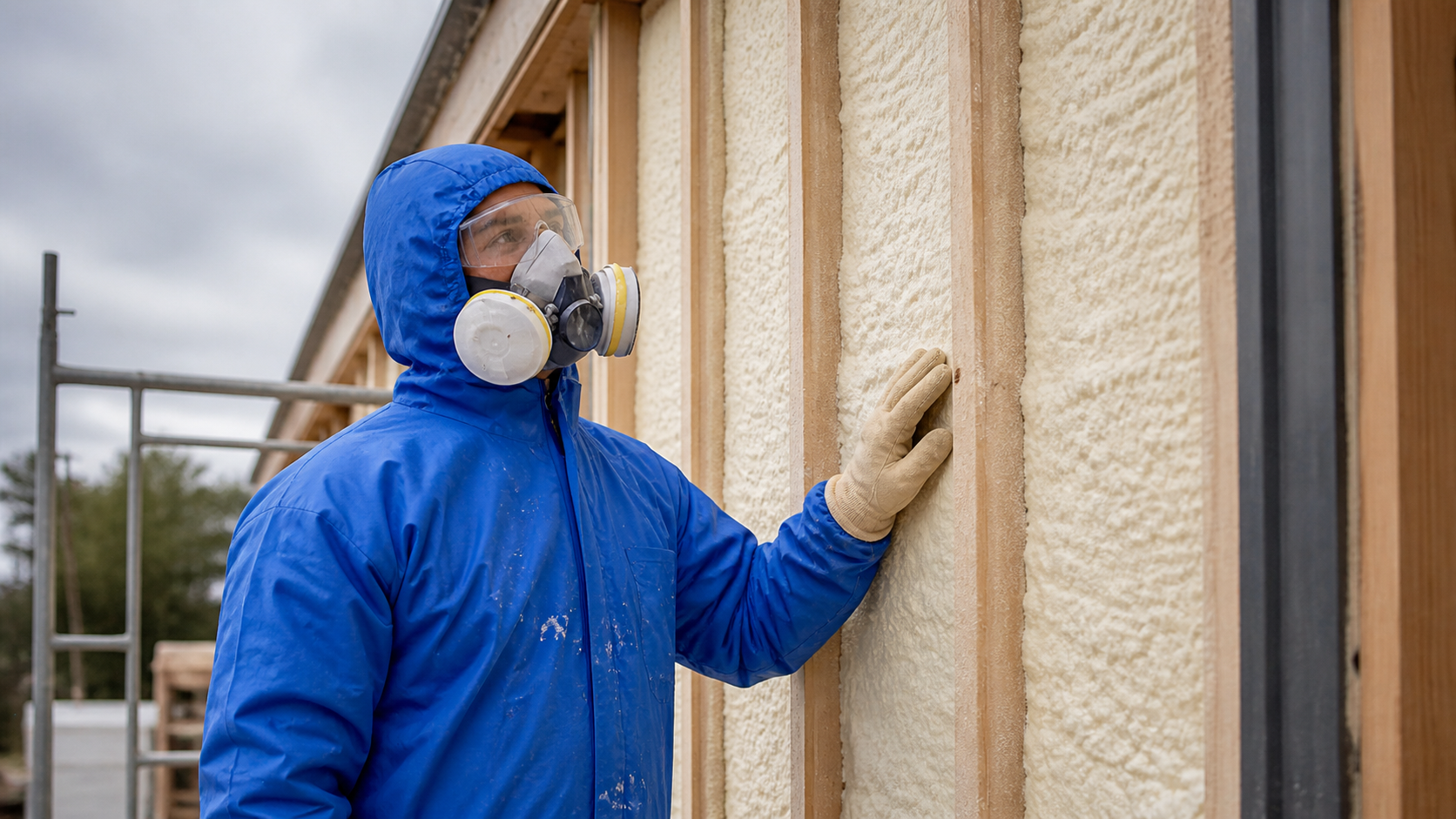 Construction worker in a blue protective suit with a respirator mask and goggles touches a textured exterior wall at a building site