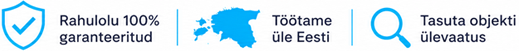 Banner with three guarantees 100 satisfaction guarantee Estonia wide service and free site inspection icons shield map of Estonia magnifying glass