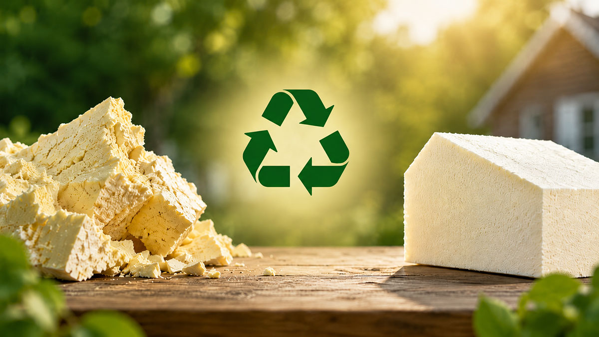 Recycling symbol centered between crumbled soap on the left and a solid soap block on a wooden table outdoors suggesting sustainable cleaning